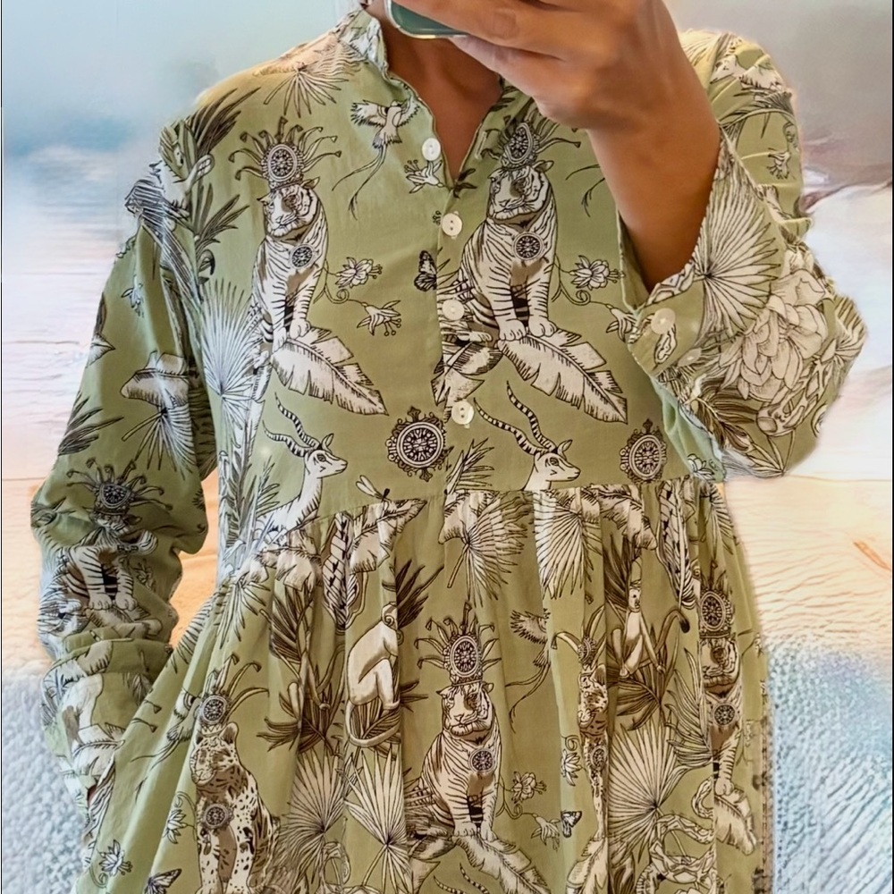 Women’s Olive Green Printed Button-Front Dress